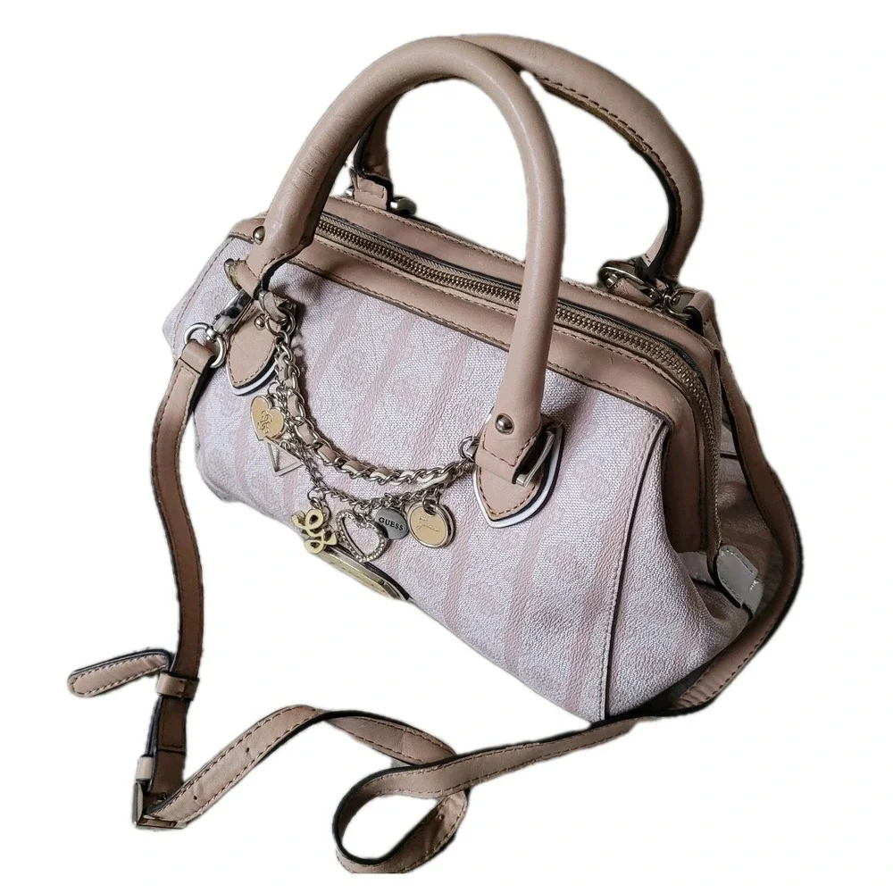 GUESS Y2K Jasleen Box Satchel Doctor Purse Monogram Pink Crossbody Handbag Charm